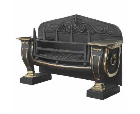 A Regency cast iron fire grate in the manner of George Bullock (1777-1818), the back plate cast in relief with anthemion and 