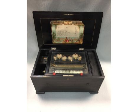 A late 19th century Swiss bells in sight musical box, playing eight airs on a 20cm (8 in) split comb and six bells struck by 