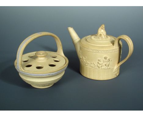 An Elijah Mayer small caneware teapot and cover, of engine turned cylindrical form, the low domed cover with a seated female 