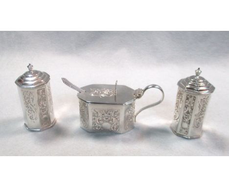 A Victorian silver three piece condiment set, by Levesley Brothers, London 1899, comprising a pair of pepperettes of octagona