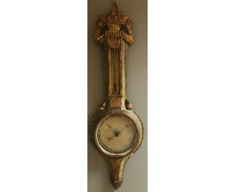 A 19th century French wheel barometer, the painted and gilt wood case with foliate basket top above thermometer and 22cm repa