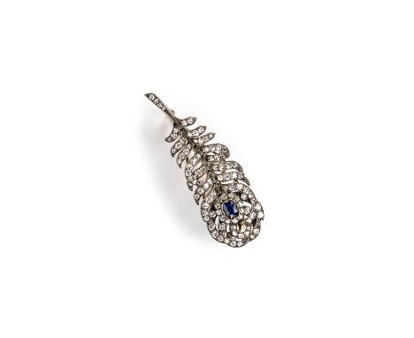 A 19th century diamond and sapphire articulated feather on later brooch fitting,  designed as a stylised peacock feather with