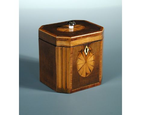 A George III marquetried partridge wood single compartment tea caddy, the canted rectangular hinged lid and front with satin 