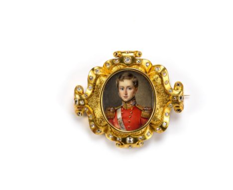 A 19th century miniature portrait of a soldier mounted in a scrolling and diamond set brooch, the finely painted miniature of