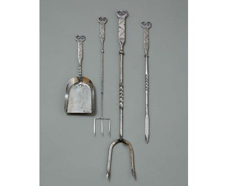 A set of mid-19th century Cotswold steel fire tools, comprising; shovel, toast and log forks and a poker (4) 71cm (28in)  