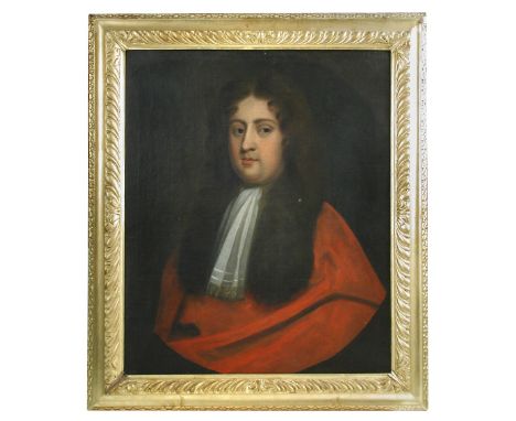 English Provincial School, early 18th Century  Portrait of Dr Barton, bust length, in scarlet robes and white stock, in a pai