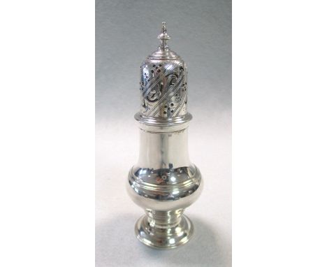 A George II silver caster, by Jabez Daniel, London 1756, of plain baluster form with moulded foot, girdle and rim below a pie