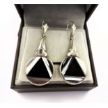 Vintage Art Deco Silver Onyx Drop Earrings