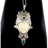 Art Deco Sterling Silver Multi Gemstone Pendant Necklace with Gift Box