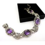Vintage Artisan Sterling Silver 24CT Amethyst Floral Link Bracelet Hallmark Chester 1953