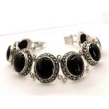 Vintage Sterling Silver Black Onyx & Marcasite Bracelet with Gift Box