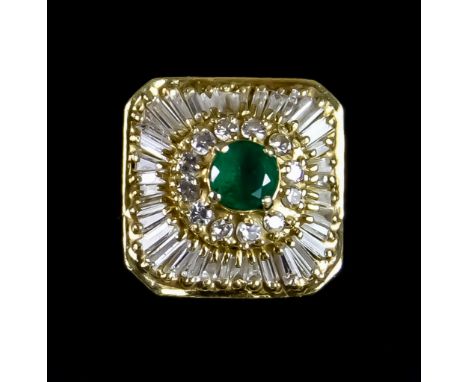 An 18ct Gold Emerald and Diamond Cluster Ring, Modern, set with a centre emerald stone, approximately .30ct, surrounded by sm