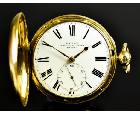 An 18ct Gold Full Hunter Cased Pocket Watch by Turner of Fenchurch Street, London, 54mm diameter case, white enamel dial with