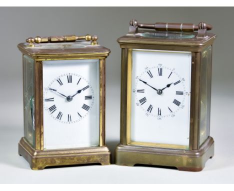 A Late 19th/Early 20th Century French Carriage Clock and a Similar Smaller, the larger clock No.29375, the white enamel dial 
