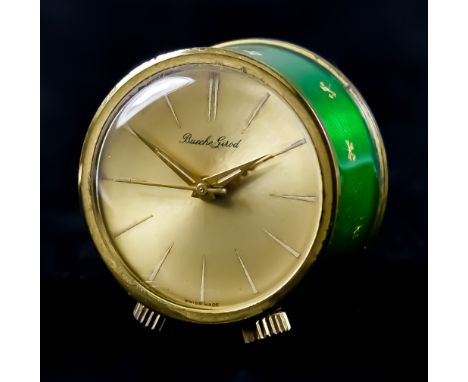 A 20th Century Manual Wind Miniature Travelling Alarm Clock, by Bueche Girod, gilt metal and green enamel case, 30mm, gold co