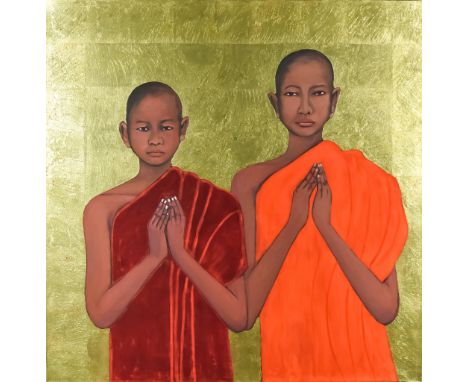 ***Susan Jayne Hocking (Born 1962) - Oil, pigment and metal leaf - "Two Boy Monk" - Half-length portrait of two monks on a gi