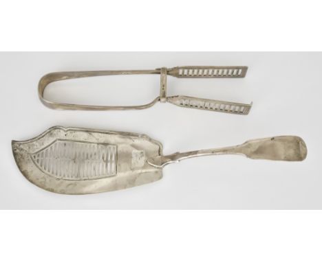 A George III Silver Fiddle Pattern Fish Slice and a Pair of Victorian Silver Asparagus Servers, the fish slice by Edward Fern