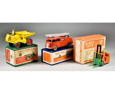 Three Dinky Toys Vehicles, No562 "Dumper Truck", No 555 "Fire Engine with Extending Ladder" and a "Coventry Climax Fork Lift 