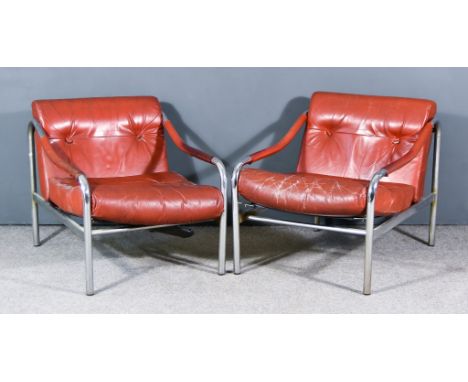 Tim Bates for Pieff - Pair of chrome framed "Beta" armchairs, upholstered in red leather and with Pirelli rubber seat pads