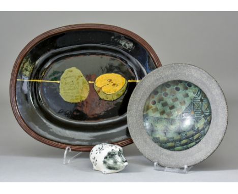 A Selection of 20th Century British Ceramics, comprising - John Wheeldon (born 1947) - dark green lustre bowl with geometric 