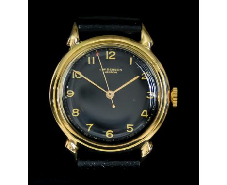 A Gentleman's Manual Wind Wristwatch by J W Benson of London, 34mm diameter 18ct gold case, black dial with gold Arabic numer