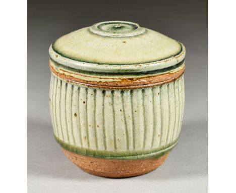 Richard Batterham (1936-2021) - Tea caddy and cover with ribbed decoration to body and circular pattern to cover, glazed in p