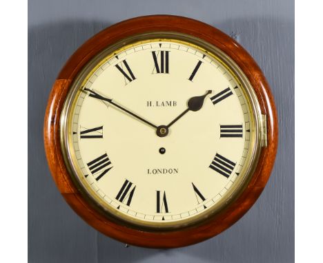 A 19th Century Mahogany Cased Dial Wall Clock by H Lamb of London, the 12ins cream enamel dial with Roman numerals to the eig
