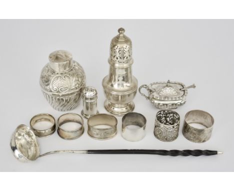 An 18th Century Silvery Metal and Whalebone Handled Punch Ladle and Mixed Silver Ware, the punch ladle with plain oval bowl e