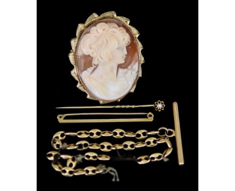 A Mixed Lot of Gold Items, Modern, comprising - a yellow metal T-bar anchor chain, a 9ct gold bar brooch, a 9ct gold mounted 