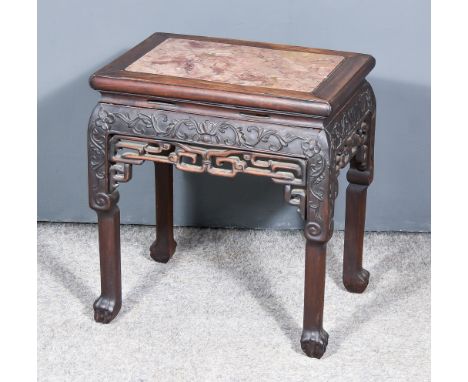 A Chinese Rosewood Rectangular Jardiniere Stand, 19th Century, with pink flecked marble slab to the top and with moulded edge
