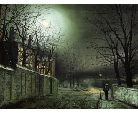 W. Morgam (19th Century) - Oil painting - Moonlit street scene with figure by gas lamp, signed and dated 1884, canvas 14ins x