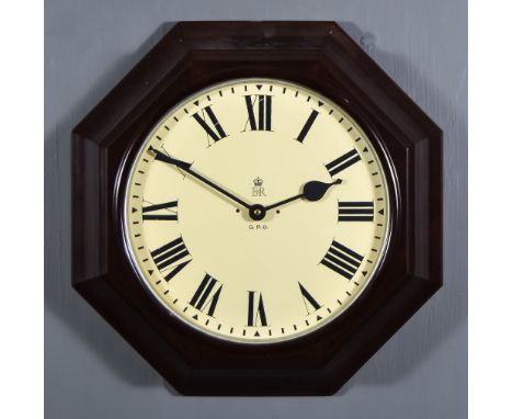 A 20th Century GPO Brown Bakelite Cased Dial Wall Clock and a Mahogany Cased Dial Wall Clock, the GPO clock with 11ins cream 
