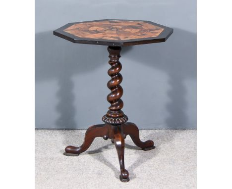 A Victorian Hardwood and Specimen Octagonal Tripod Occasional Table, the top inlaid with various woods, on spiral turned colu