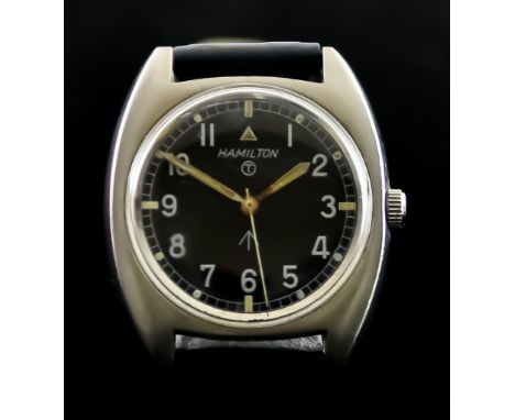 A 20th Century Manual Wind Military Wristwatch, by Hamilton, Serial No. 114118/73, stainless steel case, 34mm diameter, black