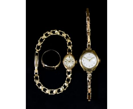 A Mixed Lot of 9ct Gold, comprising - a lady's manual wind wristwatch by Garrard, on conforming 9ct gold bracelet, another by