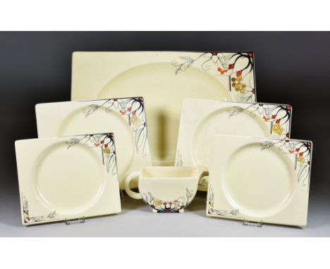A Clarice Cliff Biarritz Part Dinner Service, in "Grill" Pattern, enamelled in red, orange, yellow and black, comprising - tw