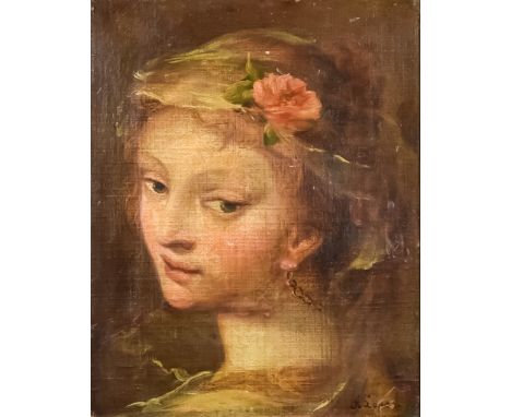 A. Lopez (?) (19th Century) - Oil painting - Portrait of young girl with flower in her hair, indistinctly signed, canvas 14in