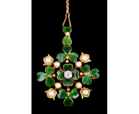 A Yellow Metal Enamel, Diamond and Seed Pearl Brooch/Pendant at Will, 20th Century, yellow metal set with centre diamond, app