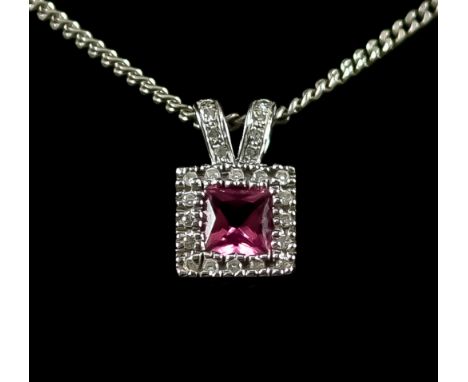 An 18ct White Gold Pink Tourmaline Pendant and Chain, Modern, set with a centre faceted pink tourmaline, approximately .50ct,