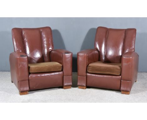A Pair of Early 20th Century Square Back Easy Chairs of Art Deco Design, upholstered in brown leather, on turned wood feet