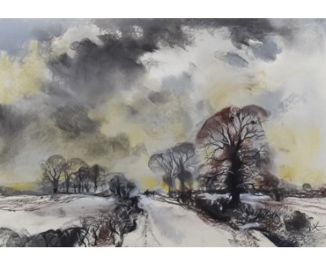 ***Rowland Hilder (1905-1993) - Chalk drawing - "Kentish Lane in Snow", 15.5ins x 22.5ins, titled to verso, in gilt moulded f
