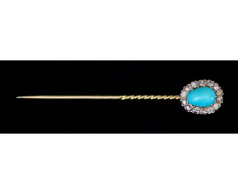 A Stick Pin, Late 19th/Early 20th Century, yellow metal set with a centre cabochon turquoise stone surrounded by diamonds, ap