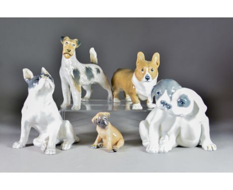 Five Royal Copenhagen Porcelain Figures - comprising - pointer puppies, No.260, 6ins high, seated French bulldog, No.1452/956