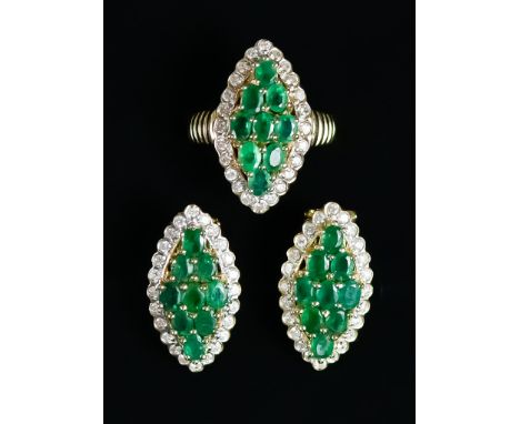 A 14ct Gold Emerald and Diamond Ring with Earrings, 20th Century, set with a centre cluster of emerald stones, approximately 