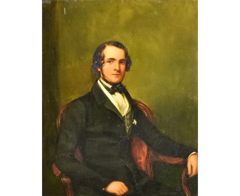 19th Century English School - Oil Painting - Half-length seated portrait of a gentleman wearing black cravat and frock coat, 