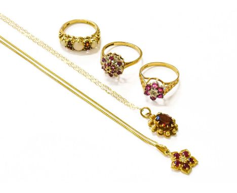 A Quantity of Jewellery, comprising of three 9 carat gold gem-set rings, including an opal and garnet example; and two gem-se