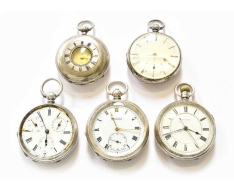 Five Silver Pocket Watches, comprising of, a silver half hunter pocket watch signed Alexr Low, Arbroath, silver open faced ch