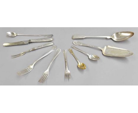 A Collection of German Silver Flatware, comprising eight teaspoons and six cake-forks, stamped 'Bruckmann', six silver-gilt t