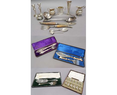 A Collection of Assorted Silver and Silver Plate, including a five bar-toastrack, three various cream jugs, a vase, a pair of