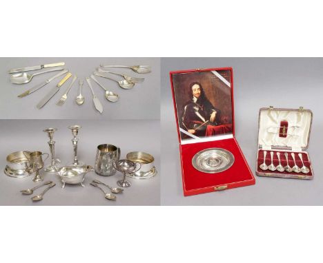 A Collection of Assorted Silver and Silver Plate, the silver including an Elizabeth II silver dish, commemorating Charles I, 